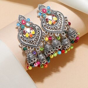 Silver India Style Earrings Dangle Boho Exotic‎ Colorful Vacation Gift Pretty